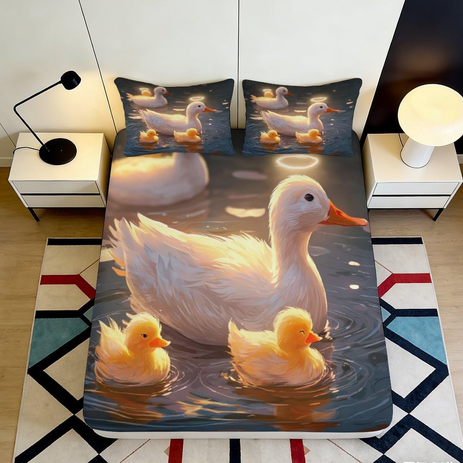 3D Printed White Duck Family Fitted Sheet Microfiber Soft Water Scene Mattress Cover for Bedroom Dorm Decor 90x200x25cm