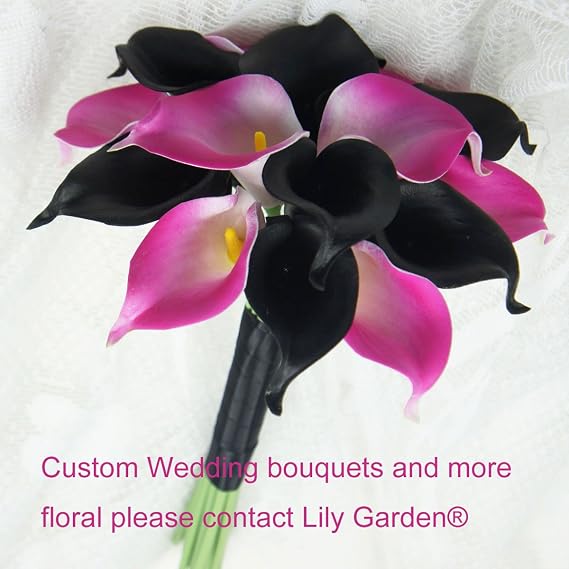 Luxury Calla Lily Bridal Wedding Bouquet 3 Dozen with Groom Boutonniere (Black and Hot Pink)