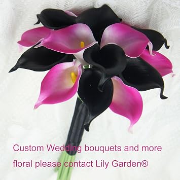 Luxury Calla Lily Bridal Wedding Bouquet 3 Dozen with Groom Boutonniere (Black and Hot Pink)