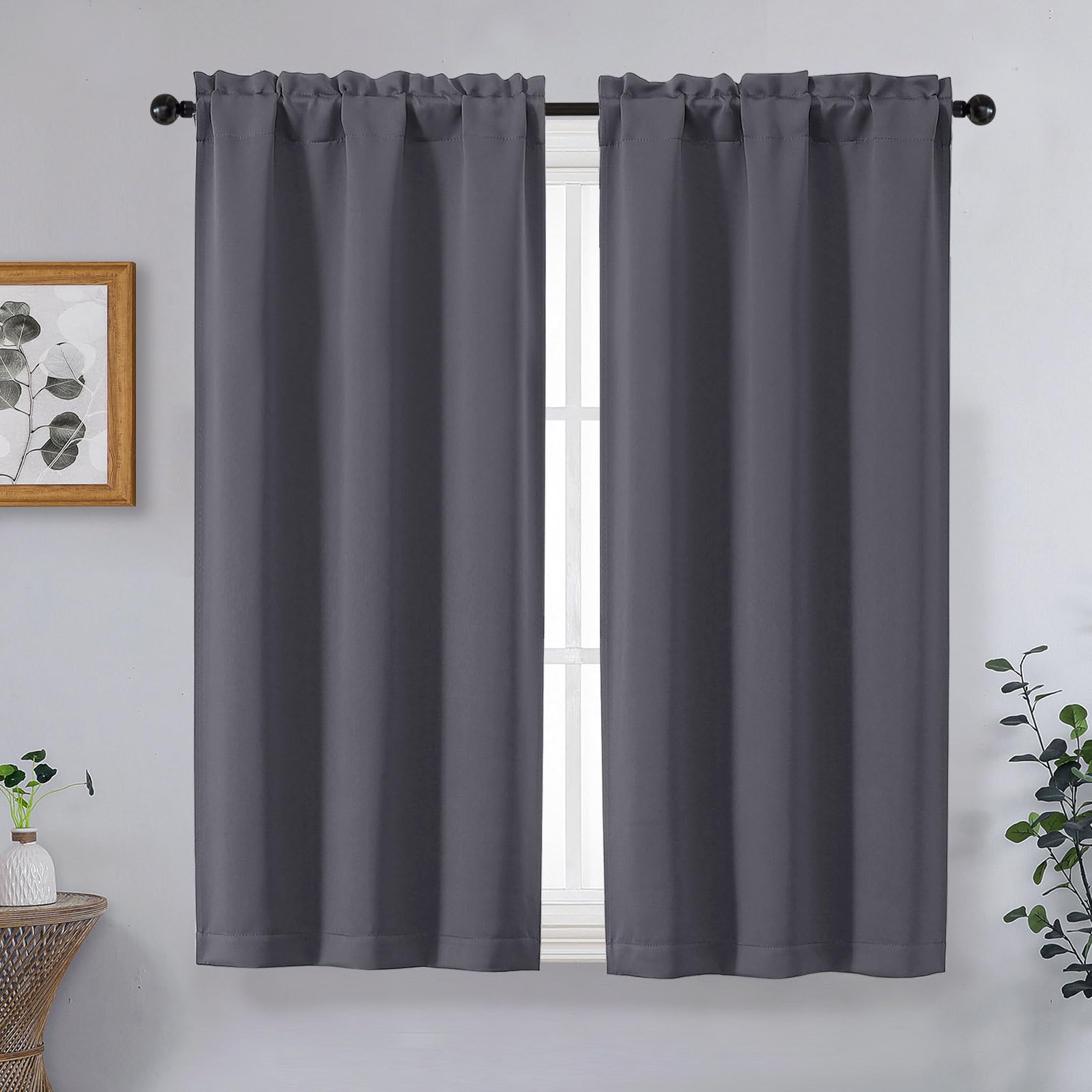 OVZME Charcoal Grey Short Blackout Curtains for Bedroom 45 Inches Long 2 Panels, Solid Thermal Insulated Blackout Curtains, Energy Saving Soft Fabric Window Drapes, Dual Rod Pocket, 2x40Wx45L Inches