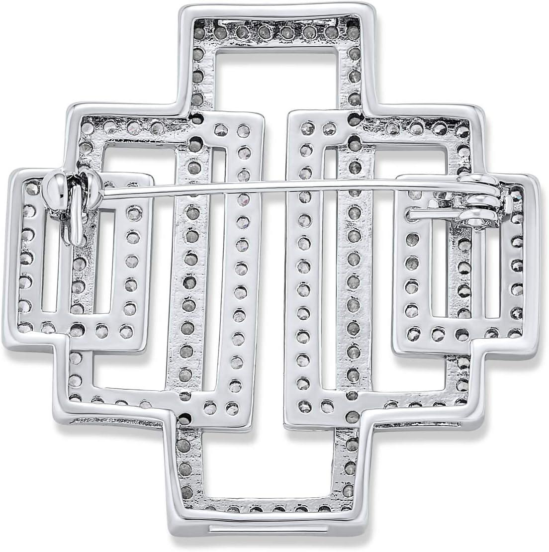 Geometric Art Deco Vintage Style Large Rectangular Pave CZ Cubic Zirconia Statement Scarf Brooch Pin For Women Silver Plated