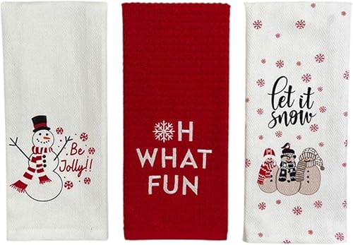 Vista 152 de Serafina Home Toallas de cocina navideñas navideñas: dos muñecos de nieve Be Jolly espiga y un muñeco de nieve bailarín, 3 piezas, tejido plano 100%