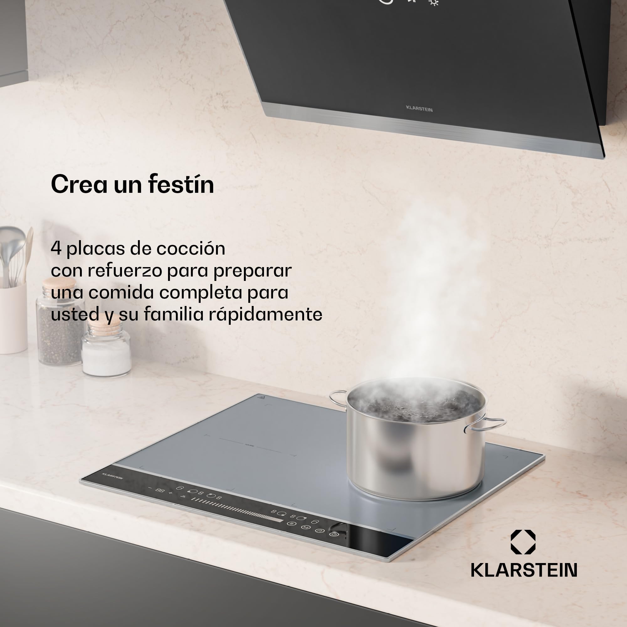 Klarstein DualTone Flex Placa Inducción - 4 Zonas Flexibles, 7200W, Control Deslizante, Thermoboost, Temporizador, Marco de Aluminio, Pantalla Led Blanca, Plateada