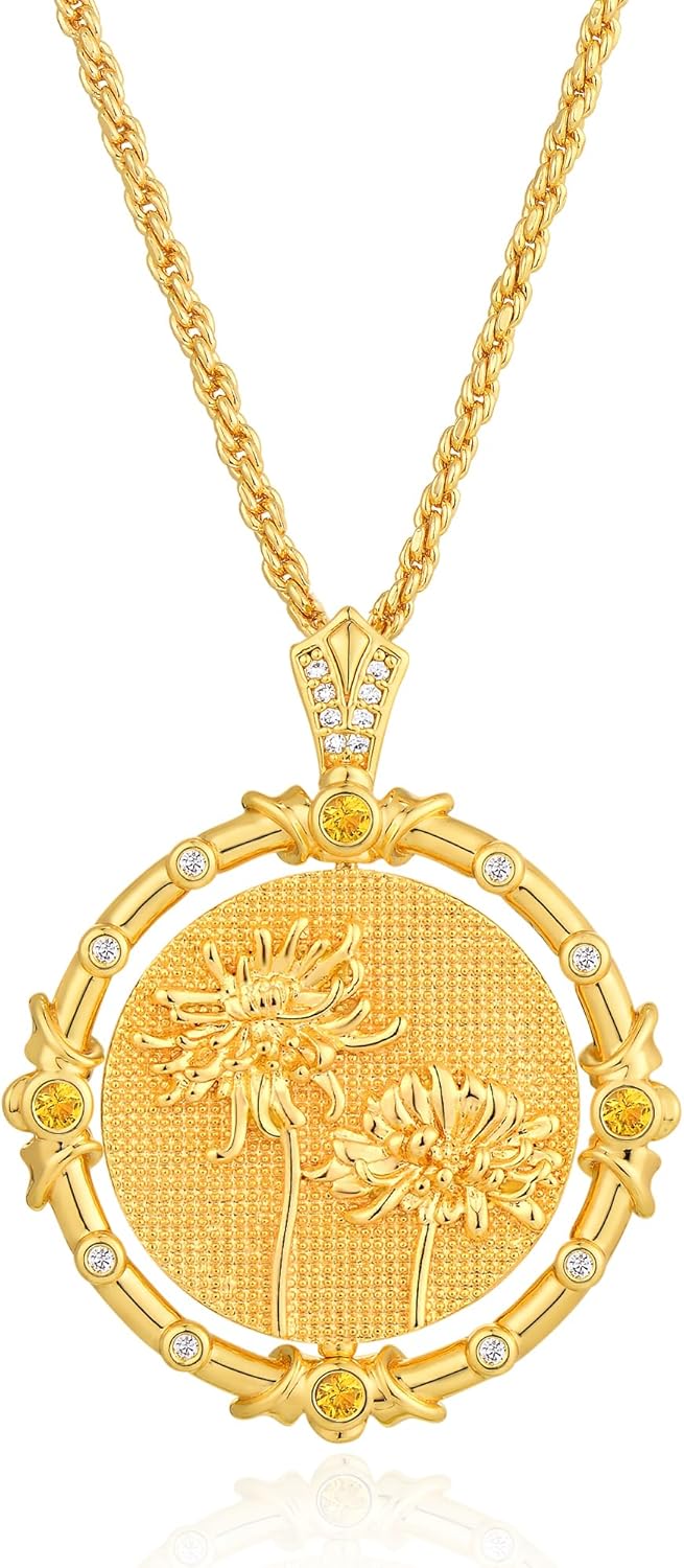 Fettero Gold Necklace for Women Birth Flower Necklace with Birthstone 14K Gold Plated Dainty Rotating Coin Pendant Necklace Personalized Birth Month Jewelry for Birthday Mother's Day Gift 12 Month
