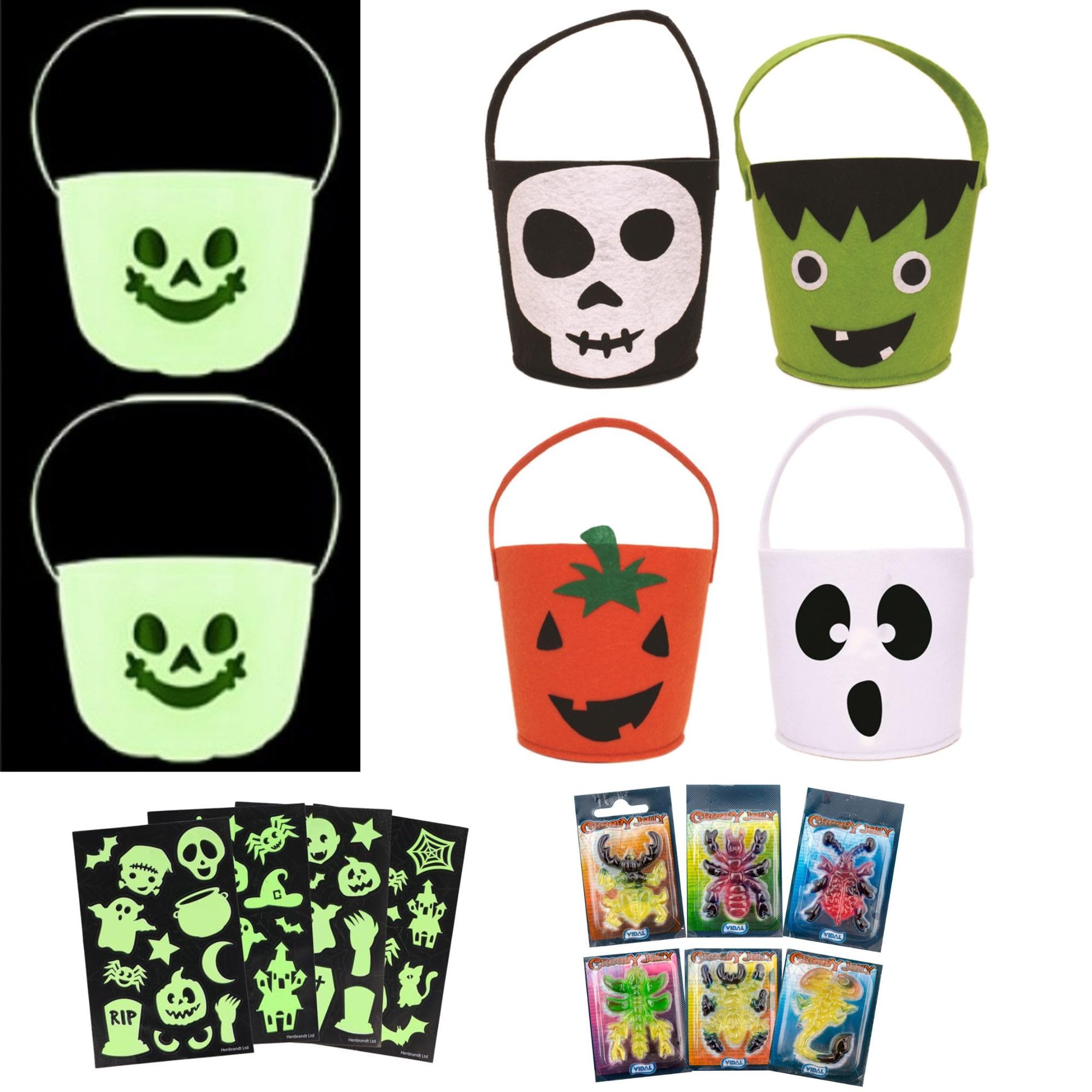 Nuone 18-Piece Halloween Trick or Treat Bucket Set – Felt Skull, Pumpkin, Frankenstein, Ghost, Glow in the Dark Buckets, Stickers, and Creepy Crawler Jelly Sweets