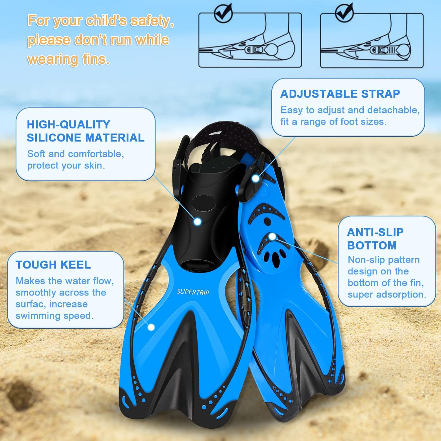 Supertrip Kids Snorkeling Set, Snorkeling Gear for Kids, Children Mask Fin Snorkel Set with Tempered Glass, Snorkel Mask Diving Goggles, Dry Top Snorkel, Adjustable Swim Fins for Boys Girls Age 6-14 - Image 4