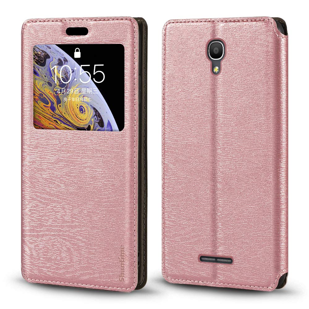 ShantimeAlcatel Pop 4+ Case, Wood Grain Leather Case with Card Holder and Window, Magnetic Flip Cover for Alcatel Pop 4 Plus