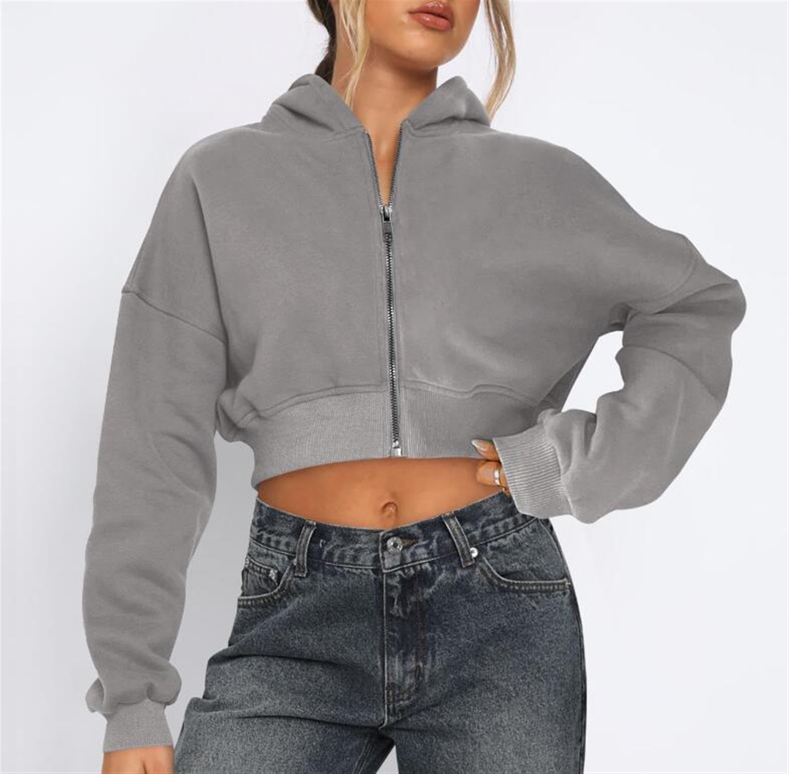 Zip Up Cropped Sudadera de Las Mujeres Manga Larga Color sólido Suelto Cuello Redondo Escotado Jersey con Capucha Chaqueta de Ropa Exterior,Flower Grey,M