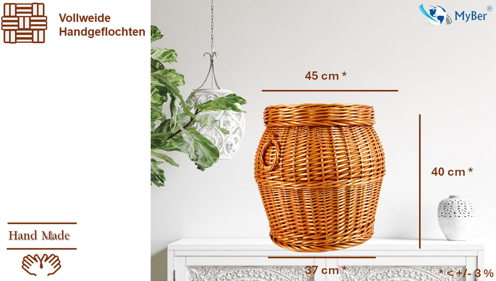 Pouf Hocker aus Weide rund braun mit Stauraum K7-148 | Deckel, Griffe, Wäschebox, Handarbeit