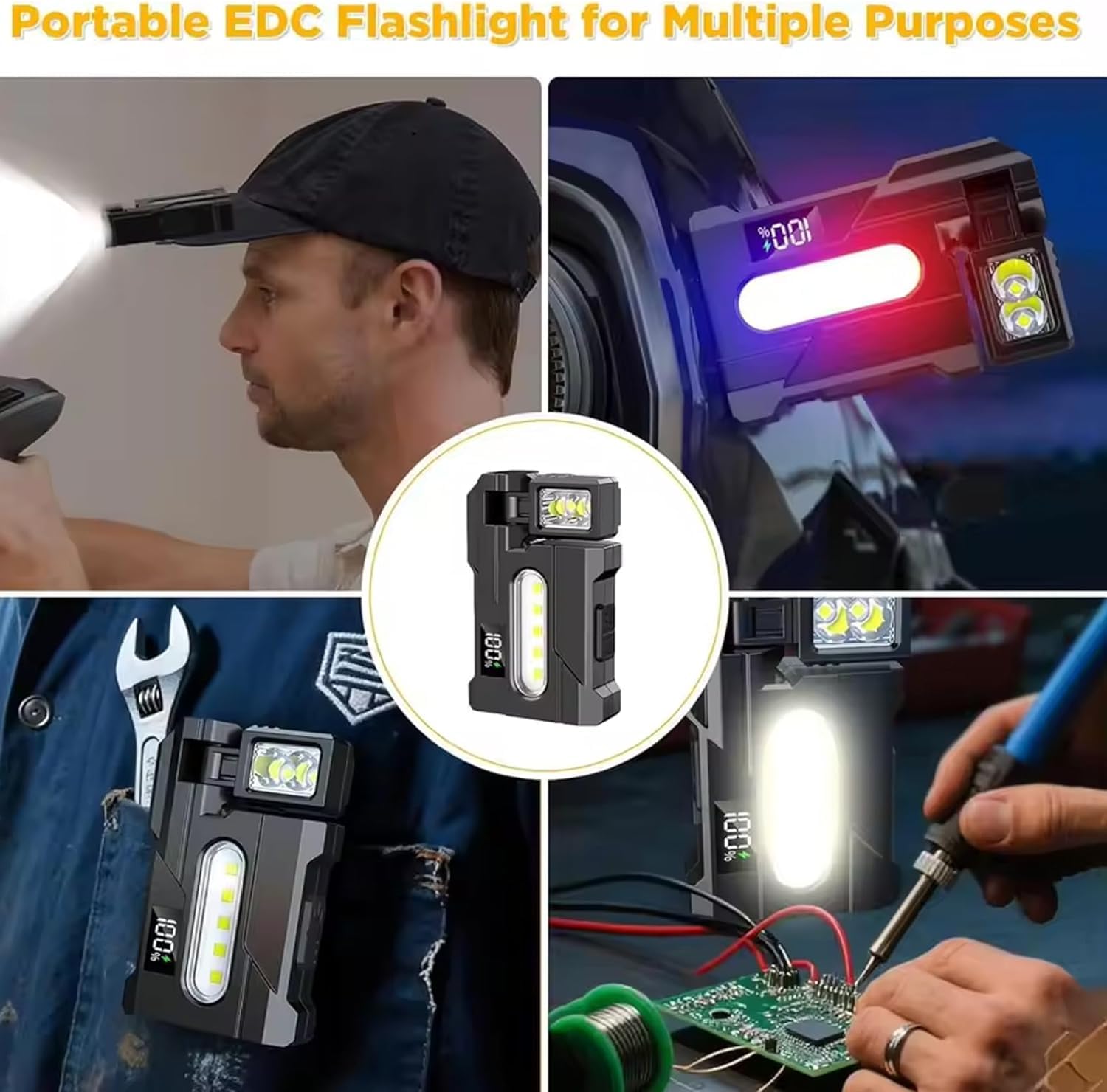 Wrrozz Lampe de poche EDC rechargeable G5, puissante, 500 lumens, super lumineuse, petite lampe de poche avec clip, 1500 mAh, portable et plat, porte-clés magnétique pour camping en plein air et