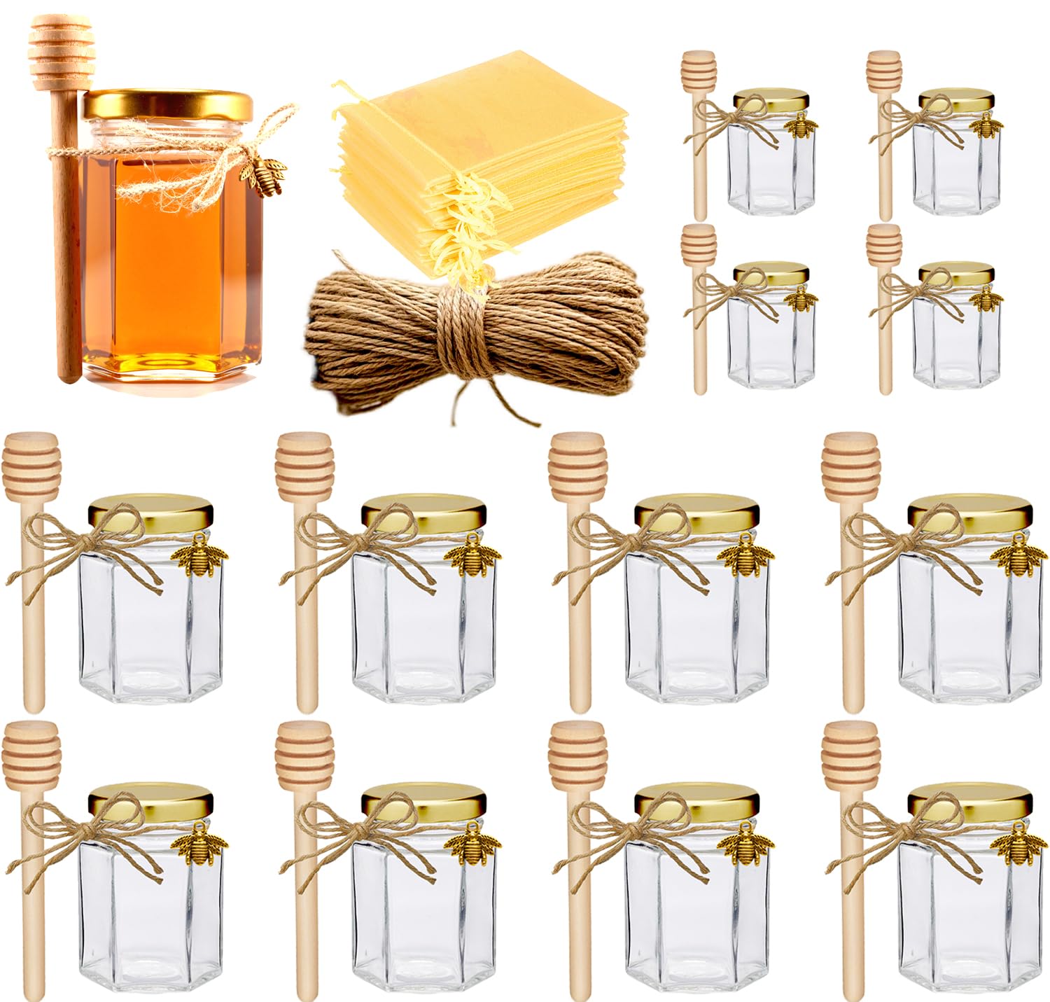 Adabocute Honey Pot, Glass Honey Jars with Wood Dipper, Gold Lid, Bee Charms, Gold Organza Bags, Thank-you Tags, Ideal for Bee Party Favors, 4oz/120ml 12 Pack