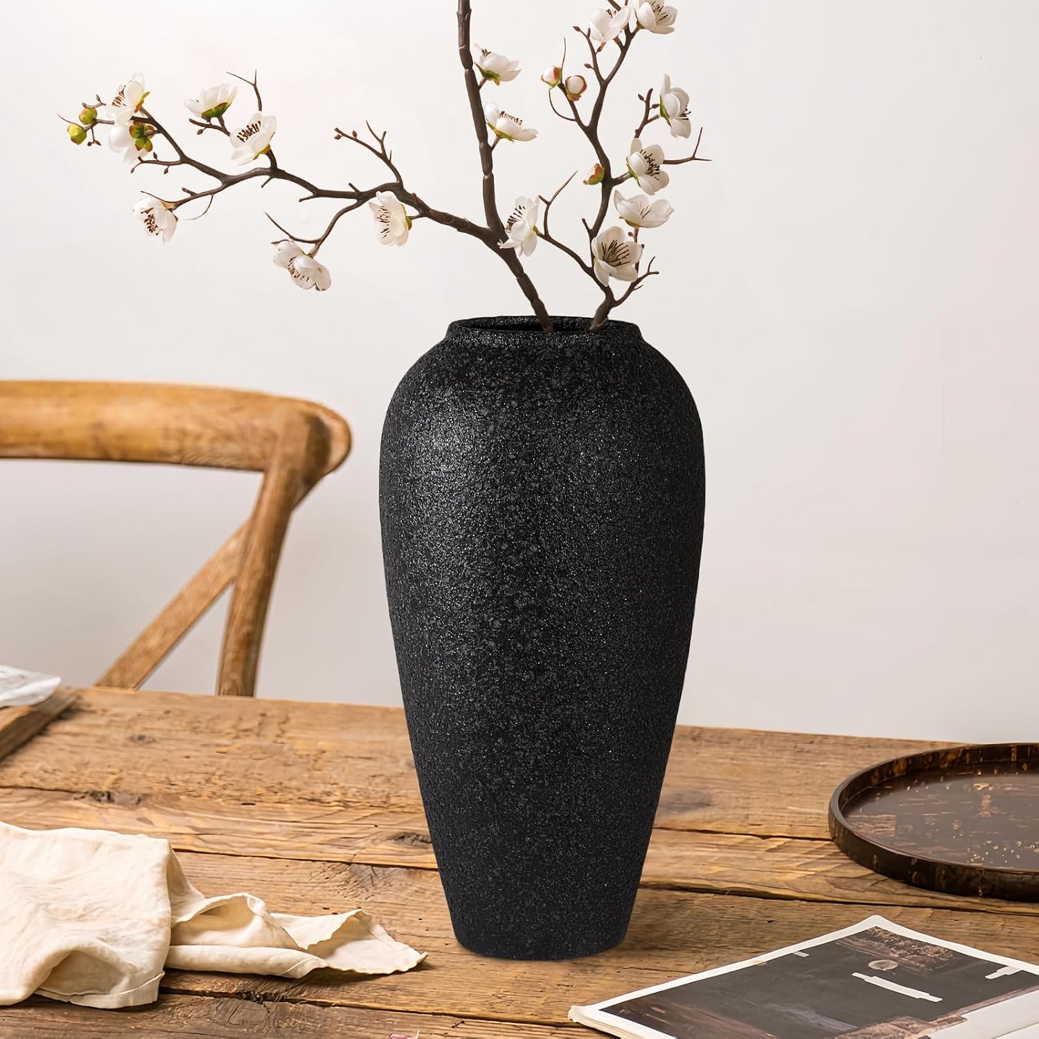 Large Rustic Ceramic Floor Vase, 13.4 Inch Black Tall Pottery Farmhouse Home Decor Vase for Living Room Entryway Table Centerpiece Decor,Boho Clay Terracotta Vases for Wedding Housewarming Gift