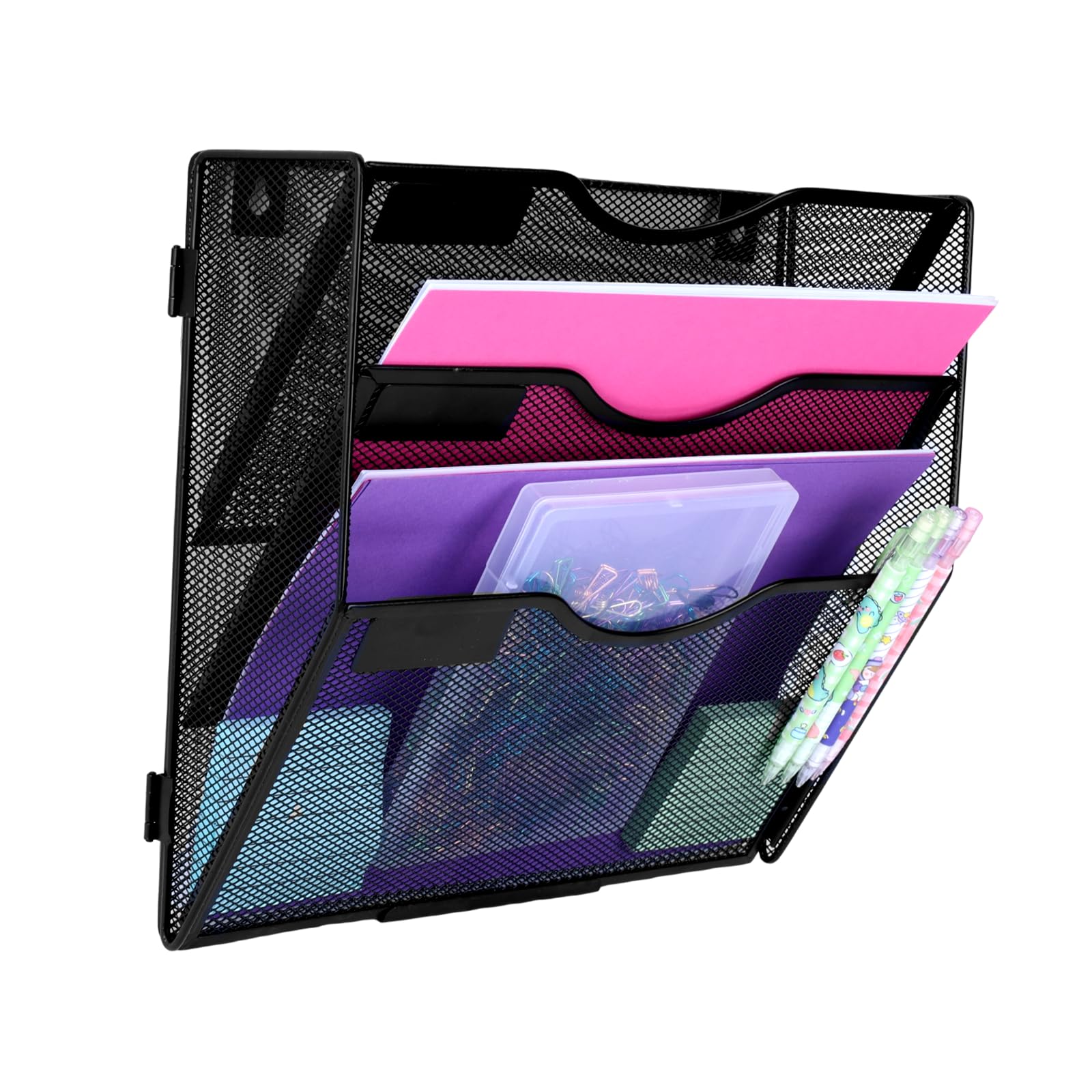 Organizador de archivos de pared de malla A4 de 3 niveles, soporte para documentos, revistas de correo para oficina y hogar, color negro