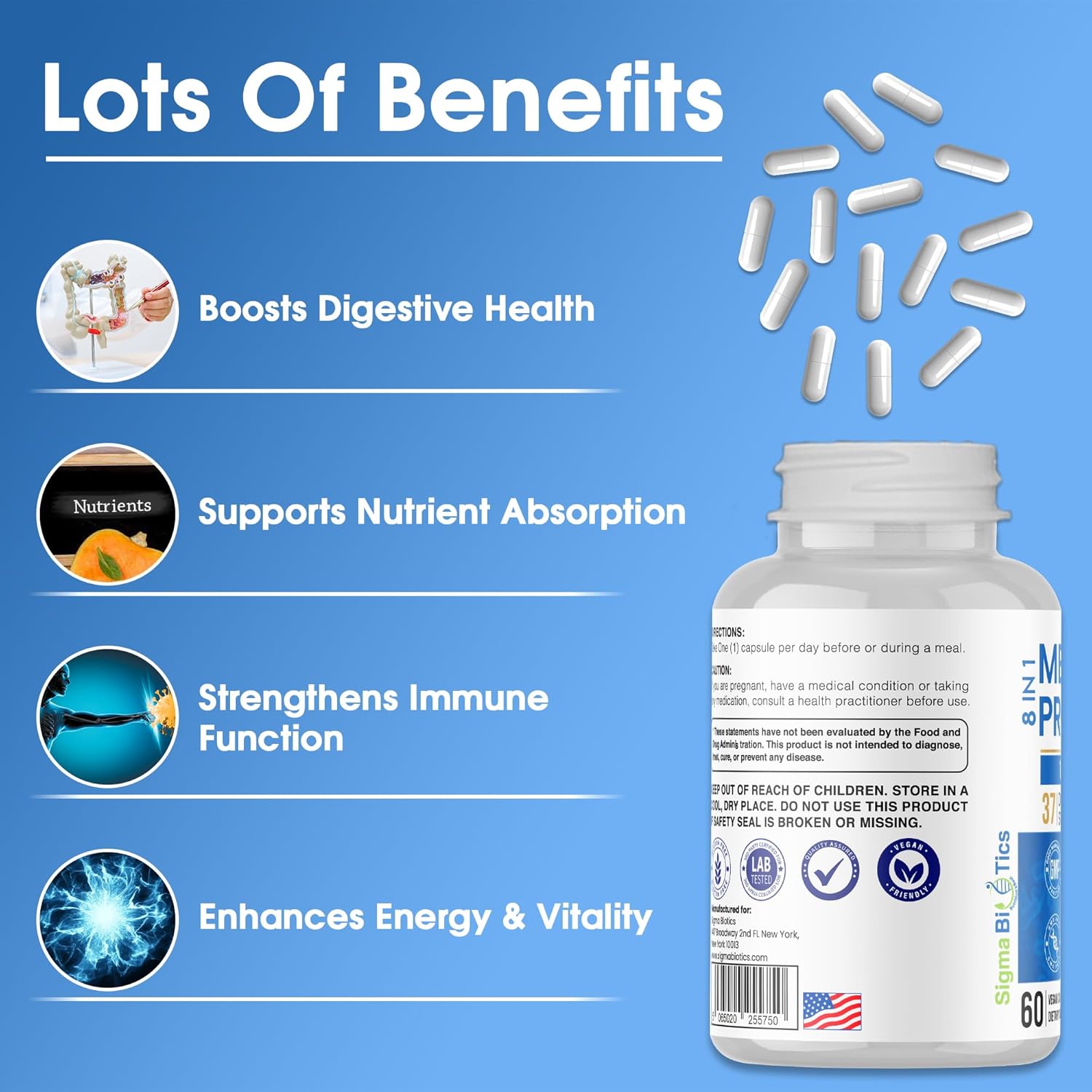 Probiotics for Men - 150 Billion CFU Acidophilus Capsules with Prebiotics & Postbiotics - Supports Gut Microbiome, Colon & Immune Health - 37 Strains with Digestive Enzymes - 60 Vegan Capsules - Image 8