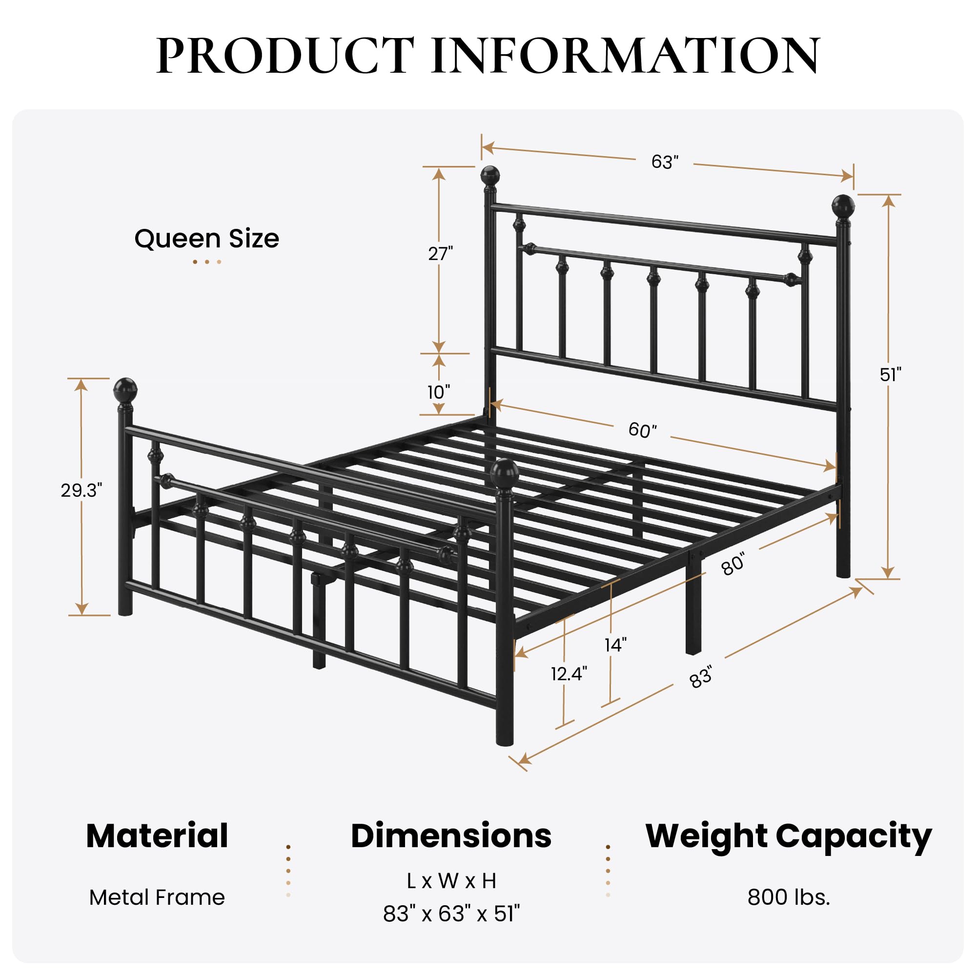 SHA CERLIN 14" Queen Size Metal Platform Bed Frame/Victorian Headboard and Footboard/Steel Slats Mattress Foundation for Storage/No Box Spring Needed/Noise Free/Black: Black Queen