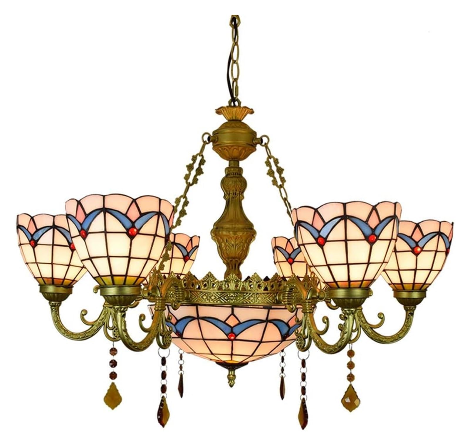 METTEOR Ceiling Lamp Ceiling Pendant Light Fixture 32" Tiffany Style Magnolia Lamp Stained Glass Shades 6 Arm Chandelier With 12 Inches Inverted Cei