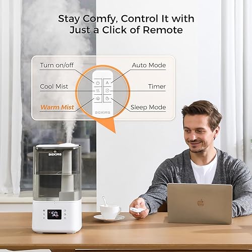 Miniatura 5 de BOXING Humidificadores de niebla cálida y fría de 6 L para dormitorio, humidificador de aire para habitación grande con control remoto, modo