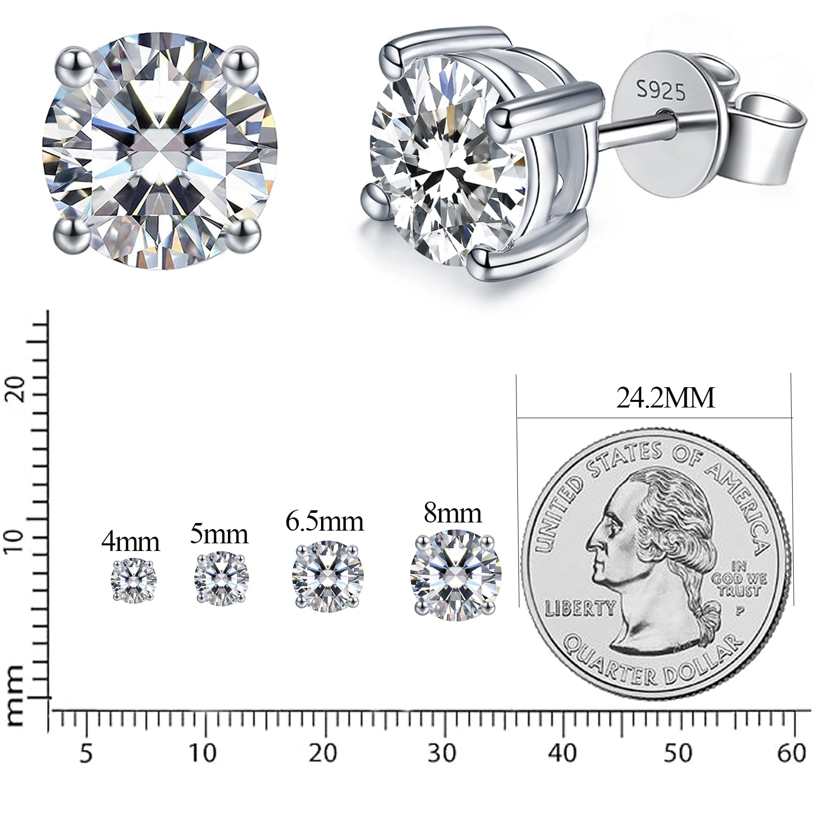 LAVUMO Moissanit Ohrringe Silber 925 14K Gold/Weißgold Plattiert Ohrstecker | 0.3ct-2ct Rundschnitt Moissanit Ohrstecker, VVS1 D Farbe Brillant Hypoallergen Schmuck Geschenk für Frauen
