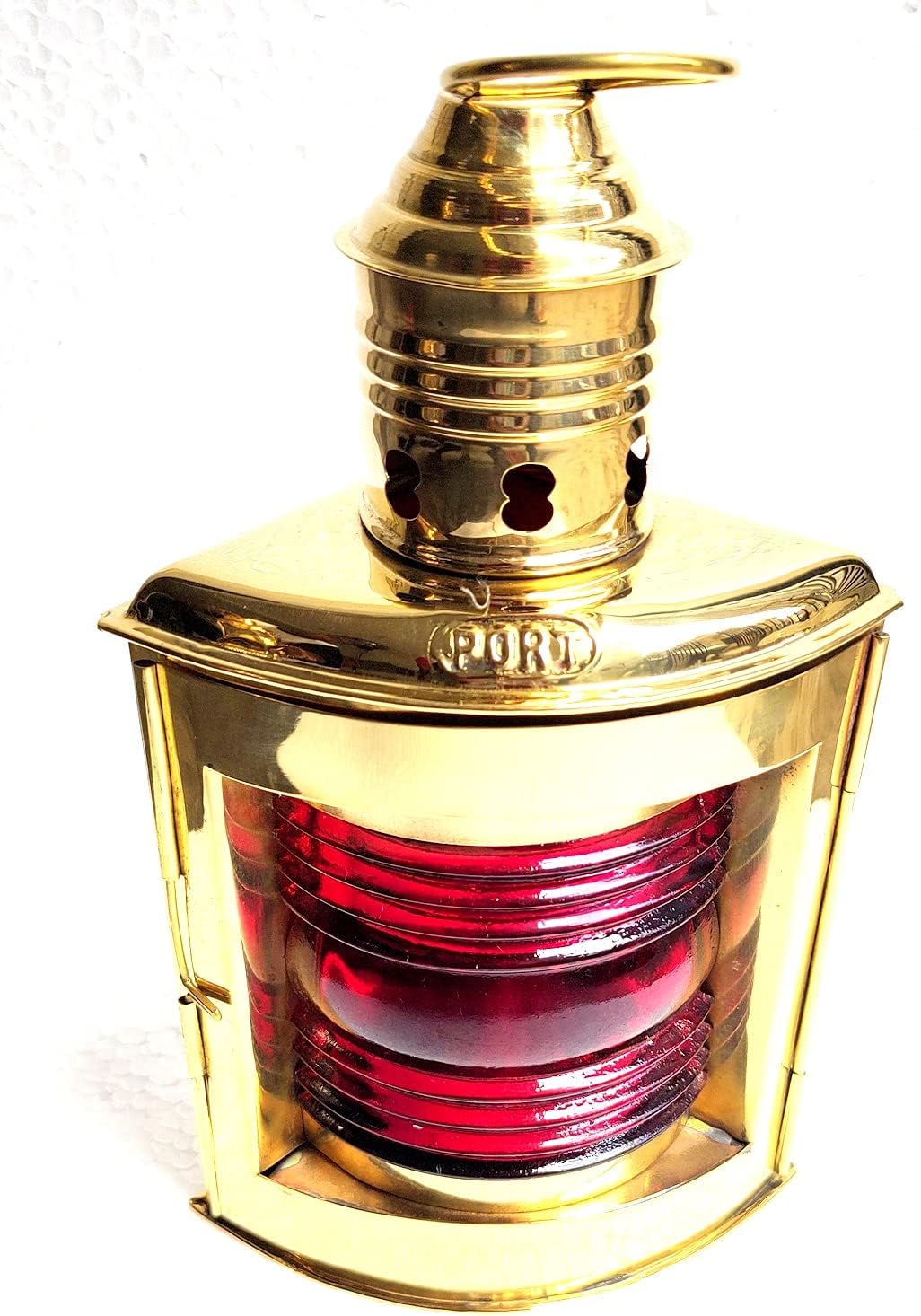 Brass Boat or Ship Oil Lamp Lantern for Starboard, Green Glass Inset, Antique Bronze Color Golden Polish Height: 12 inches Approx.