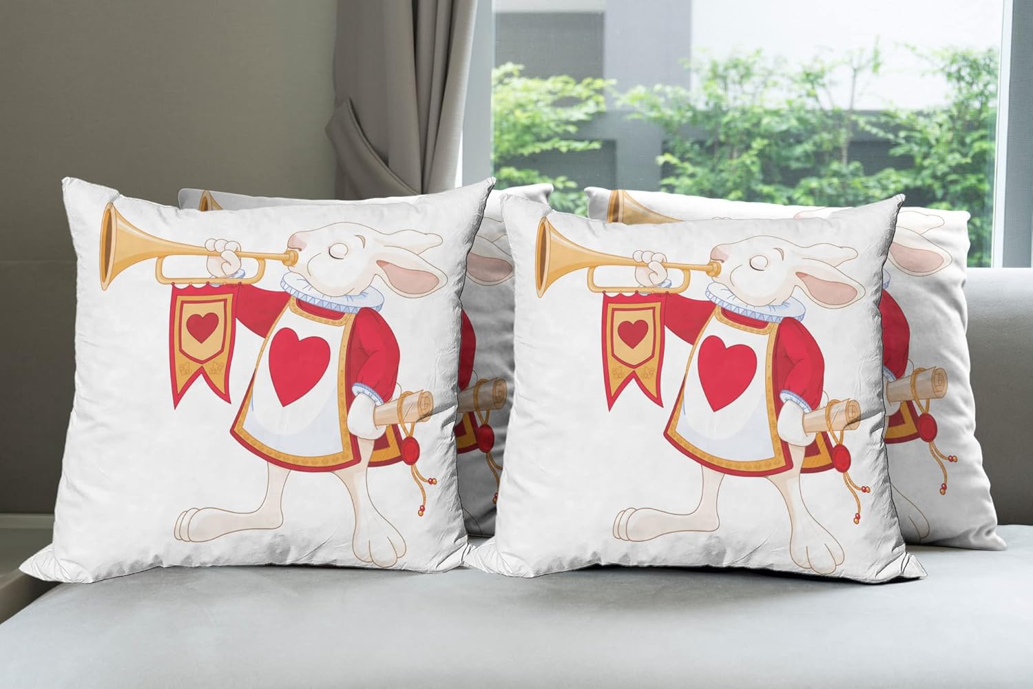 Ambesonne Alice in Wonderland Decorative Throw Pillow Case Pack of 4, Rabbit Playing Royal Trumpet with Heart Design Animal Card Kids, Cushion Cover for Couch Living Room Car, 16", Yellow White