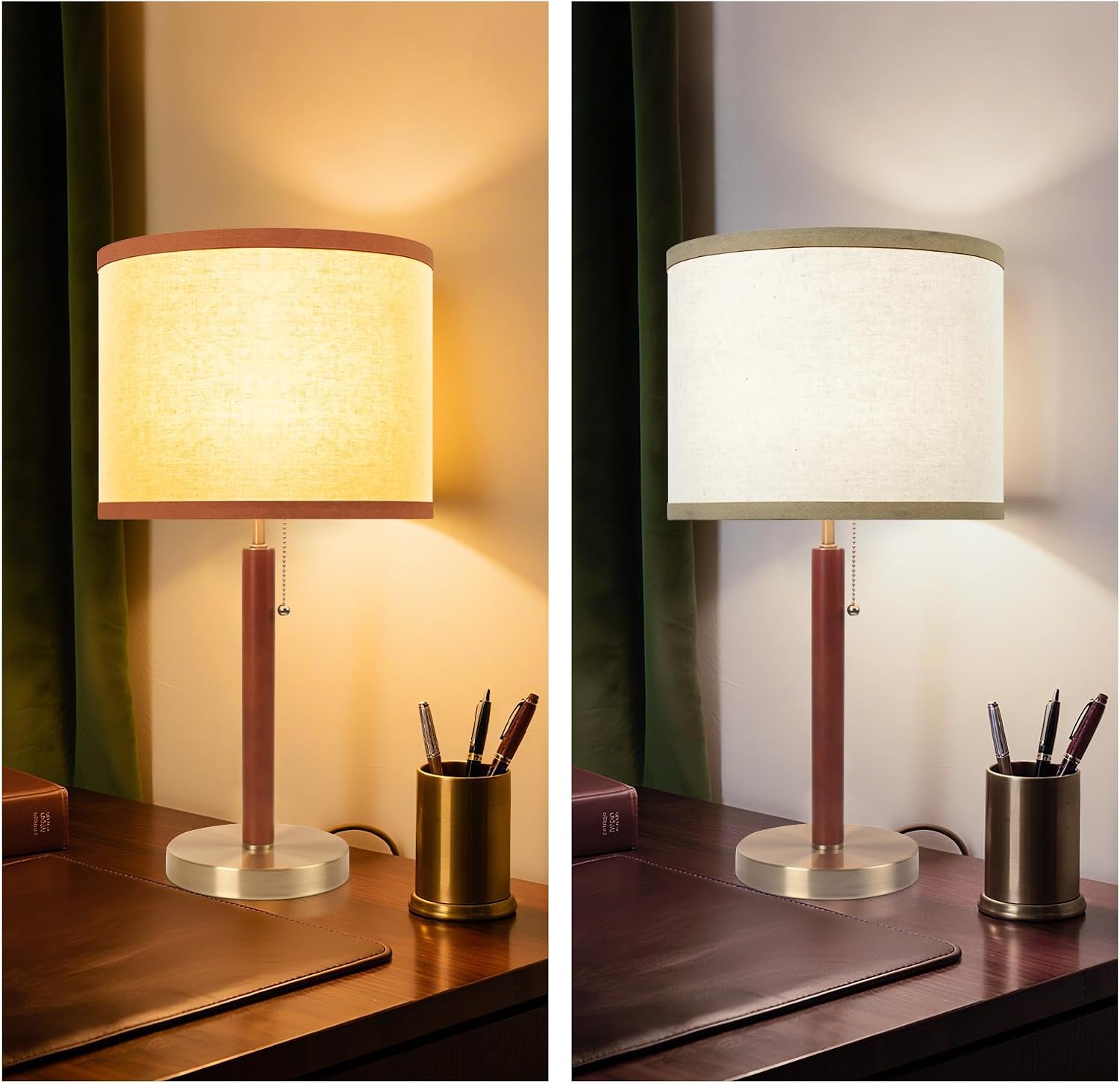 HonoDing Vintage Desk Lamp for Living Room, Mid Century Table Lamp for Bedroom, Bedside Lamps for Night Stands,Reading Lamp for Bedroom Office Room,Beige Lampshade (Walnut Wood Color & Bronze)