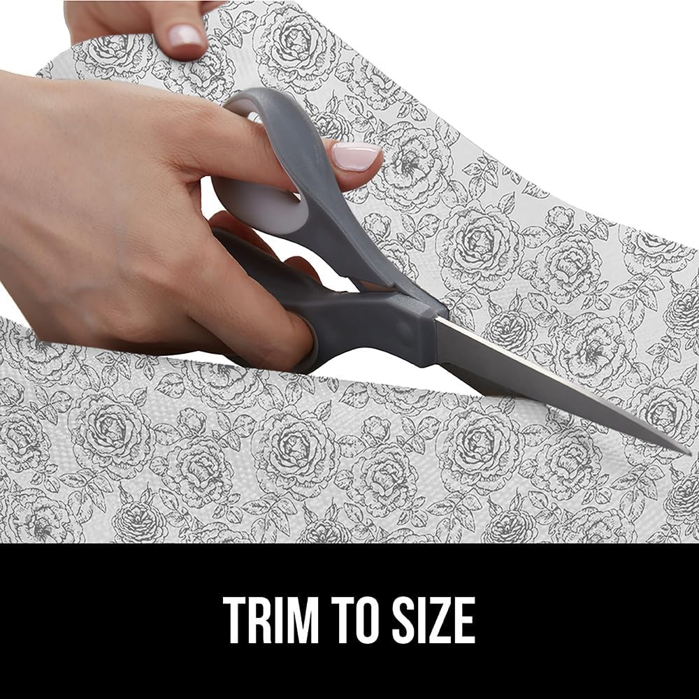 GORILLA GRIP DripGuard Shelf Liner, Non-Adhesive Drawer and Kitchen Cabinet Protector, Strong Grip Slip Resistant Underside, Smooth Surface Liners for Cabinets Bathroom Closets 17.5x240 In Floral Gray