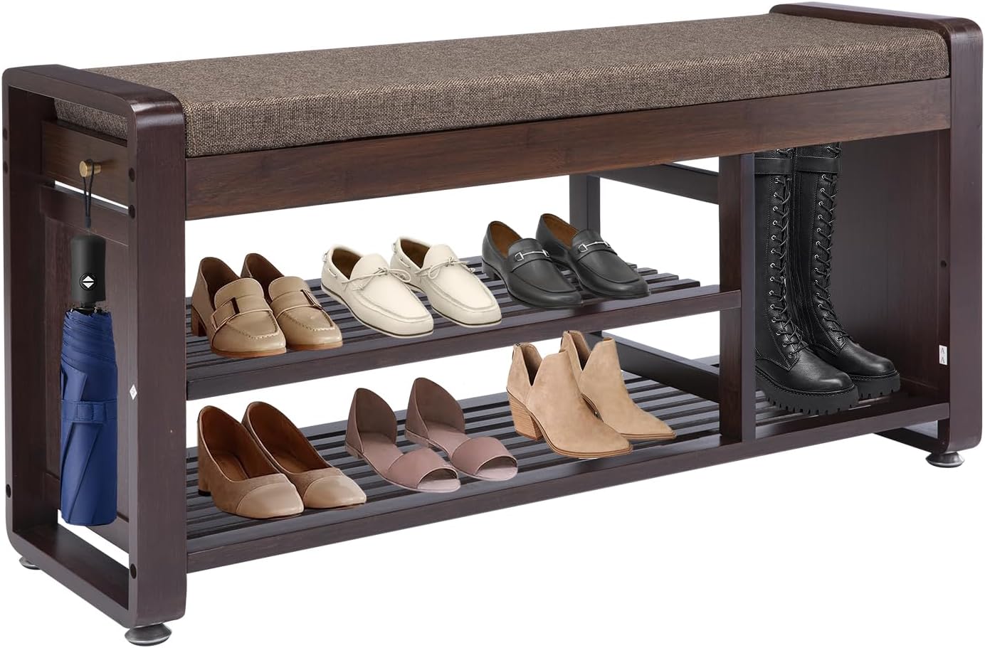 Bamboo Shoe Storage Bench, 3-Tier Shoe Rack with Padded Seat Cushion, Shoe Organizer Shelves for Entryway, Living Room, Bedroom, Hallway, Grey 37.4”