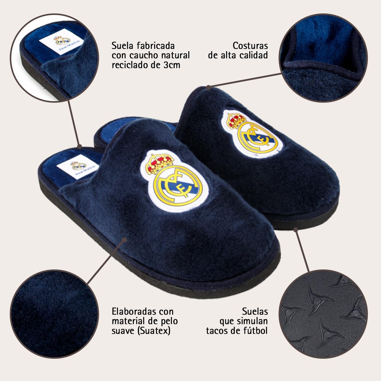 MARPEN SLIPPERS Zapatillas Para Casa Hombre Real Madrid CF Oficiales – Pantuflas Ligeras Con Pelo Suave - Temporada 25/26 - Antideslizantes, Lavables, Hechas En España - Azul marino - Talla 46