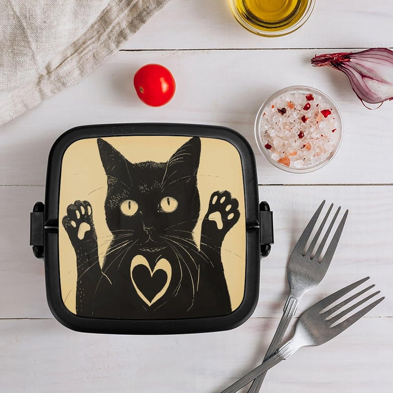 Adults Lunch Box Adult Bento Box Stackable Bento Box BPA-Free A Cat Heart Shape Lunch Box Food Container Ideal for Meal Prep, Work, And On The Go
