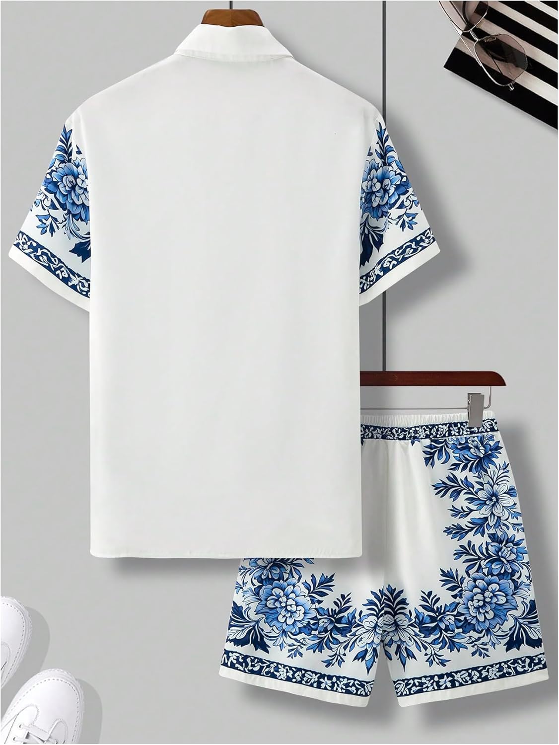 Men's Big and Tall 2 Piece Outfits Short Sleeve Button Up Vintage Shirts and Elastic Waist Beach Shorts - Image 2