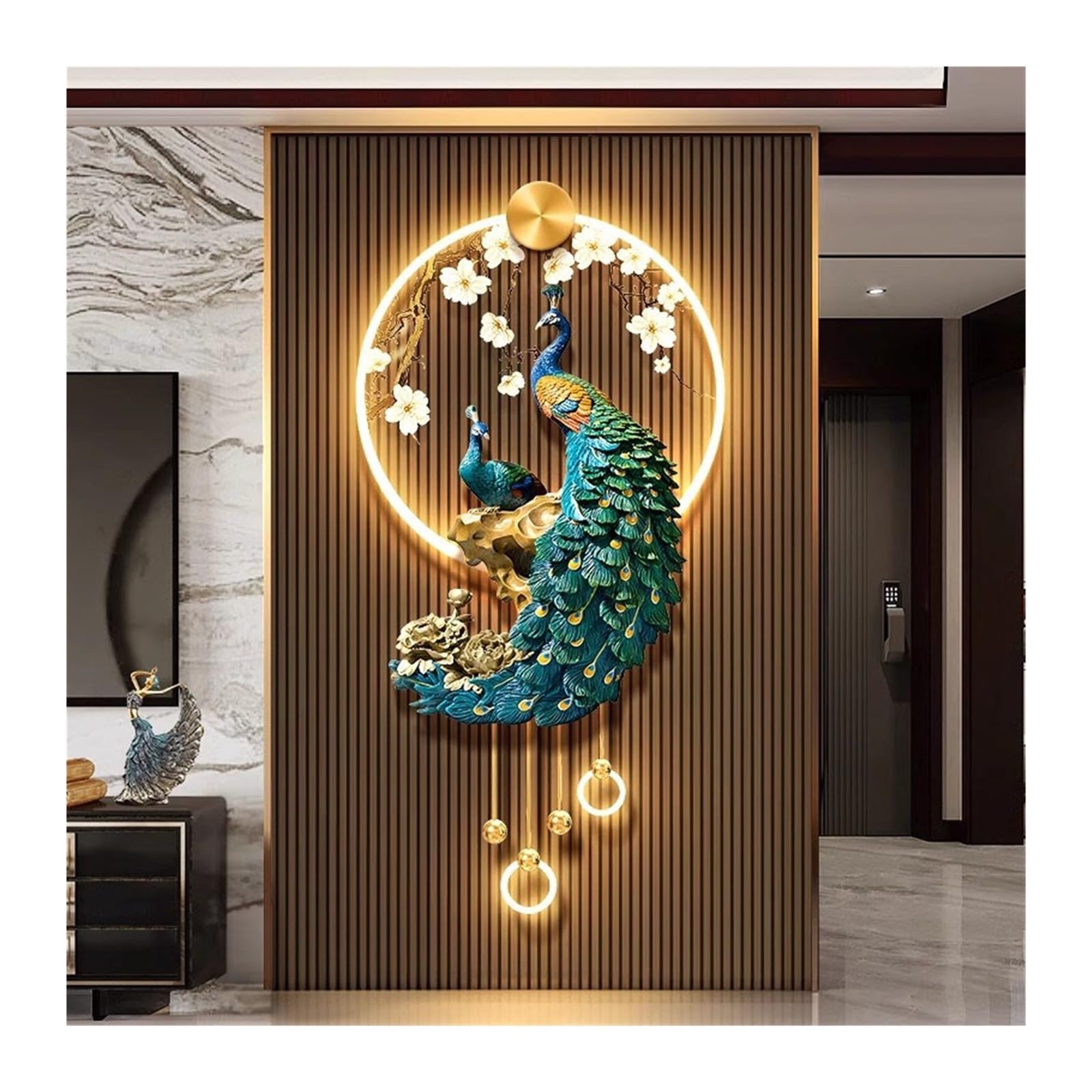 AZQOHMIS 3D Peacock Wall Sculpture with LED Light, Elegant Metal Wall Art for Living Room and Office Decoration