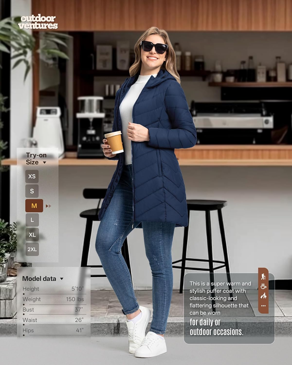 Outdoor Ventures Women's Long Hooded Lightweight Puffer Coat Quilted Insulated Winter Jacket - Image 6