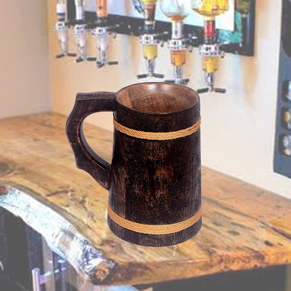Hand-Crafted Wooden Drinking Beer Mug for Home Bar/Café/Pubs/Party (8 Inch, 850 mL, Mango-Wood)