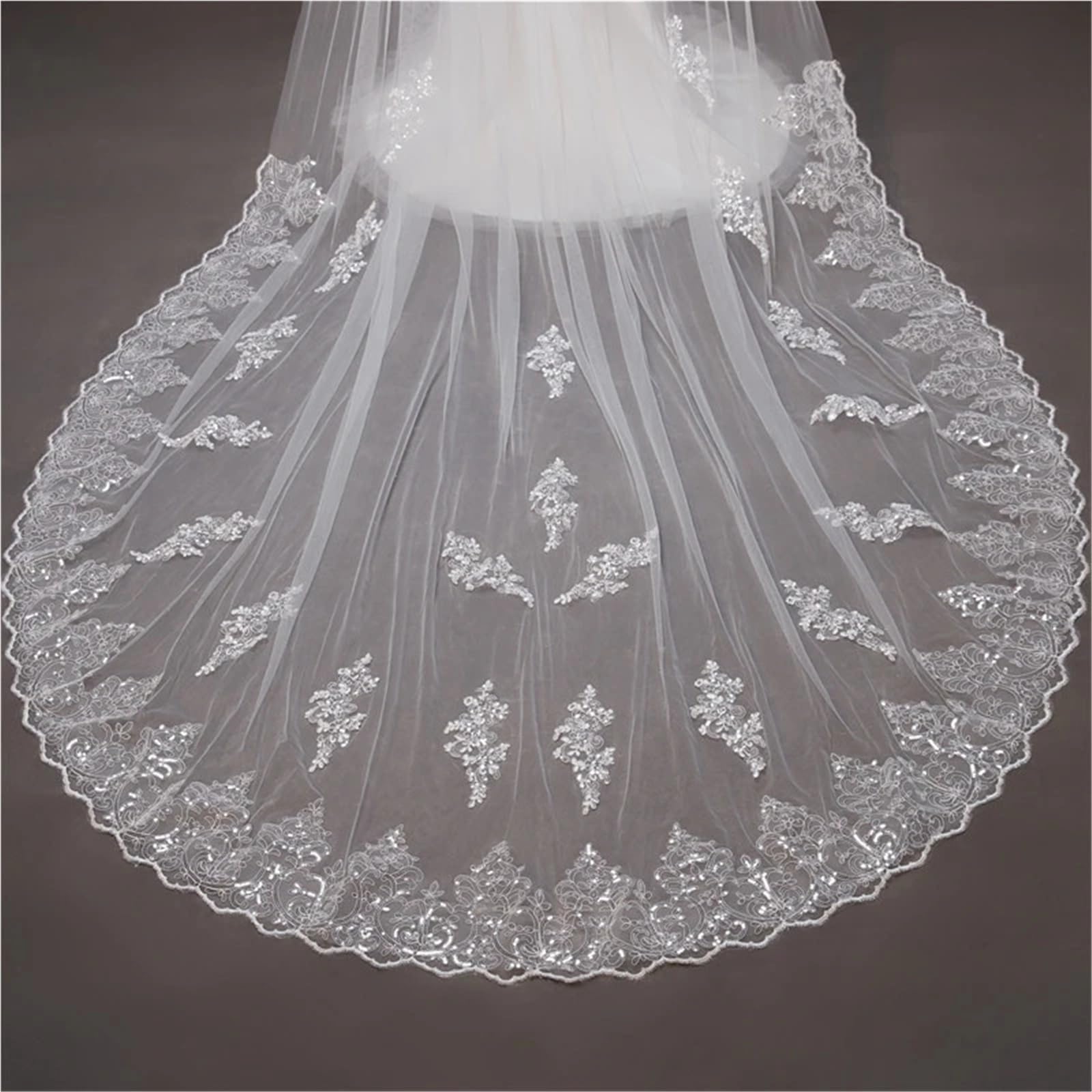 Generico Veli da sposa con applicazioni in pizzo e paillettes da 3 metri, accessori da sposa a 1 strato, copricapo da sposa, Novia Velos Welon