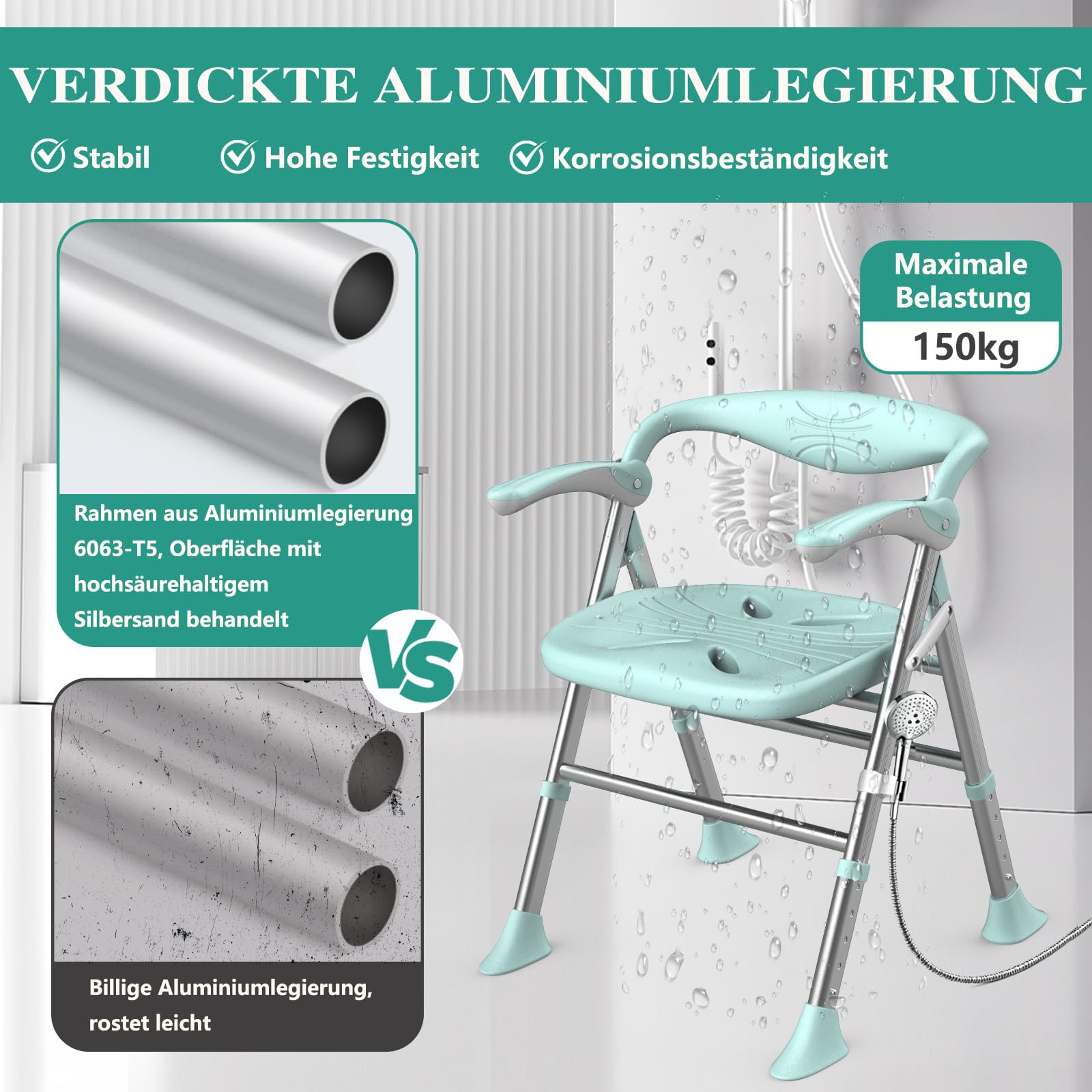 Duschstuhl füR Senioren, Duschstuhl Klappbar, Maximale Tragkraft 150kg, Duschstuhl mit Armlehnen und RüCkenlehne, 5-Stufige HöHenverstellung, Hochklappbare Armlehnen (Grün, Flachsitz)