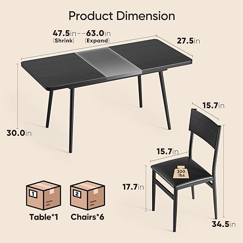 Miniatura 2 de Ahomly Juego de mesa de comedor extensible de 7 piezas con 6 sillas acolchadas, juego de mesa de comedor de 63 pulgadas para 4-6, juego de mesa de