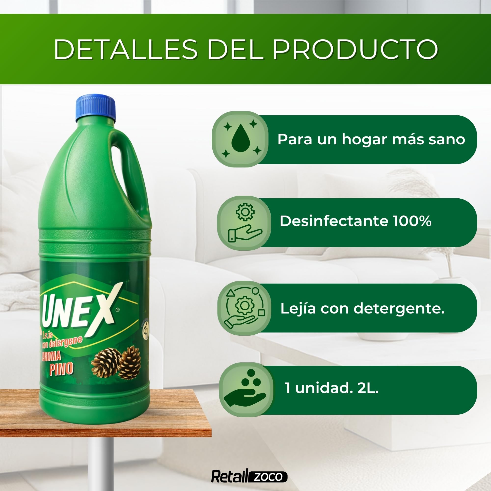 Lejía con Detergente Pino, Desinfectante Superficies, Uso en Baño, Cocina, Azulejos, Suelos, Aptas para Desinfección y limpieza, Combate los malos olores con fragancia fresca, 1 botella de 2 Litros