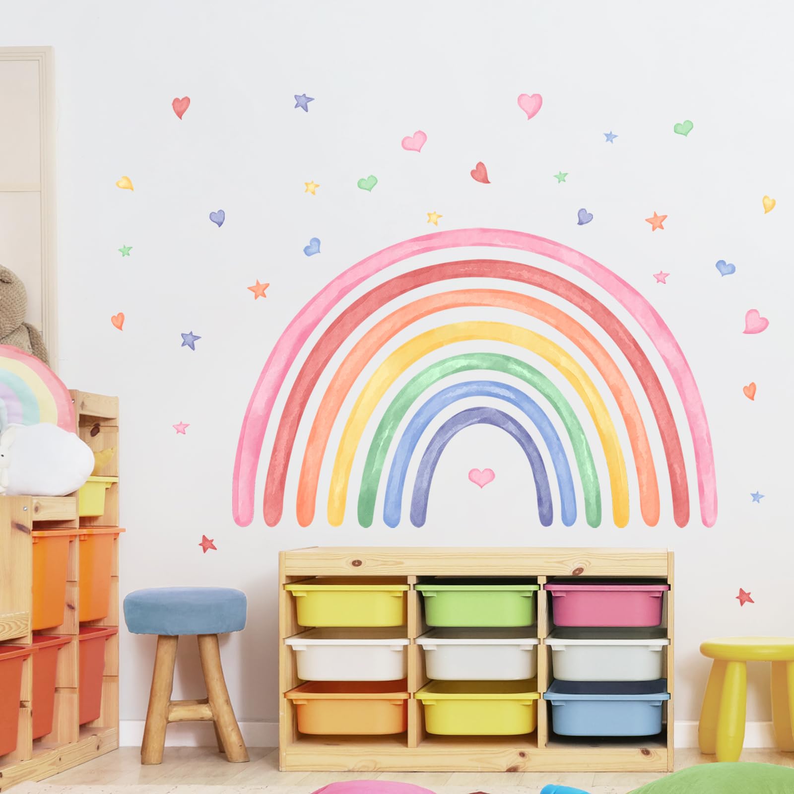 42"x26" Rainbow Hearts Stars Wall Decals for Girls Nursery Watercolor Rainbow Wall Mural Stickers Peel and Stick Vinyl Wall Art for Kids Toddlers Bedroom Playroom Classroom Wall Decor - Image 3