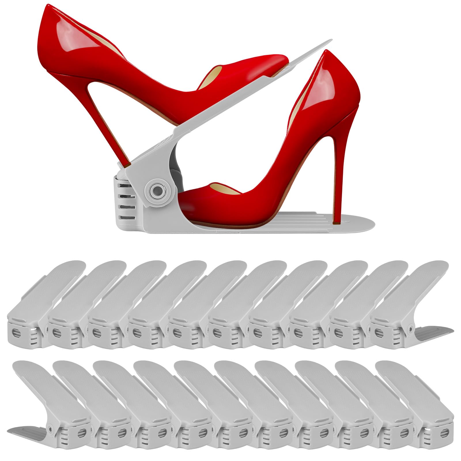 PetierWeit Pack of 20 Shoe Stackers, Shoe Organiser for Cupboard, Shoe Organiser, Space Saving, Shoe Slot Organiser with 4 Different Heights (Grey)