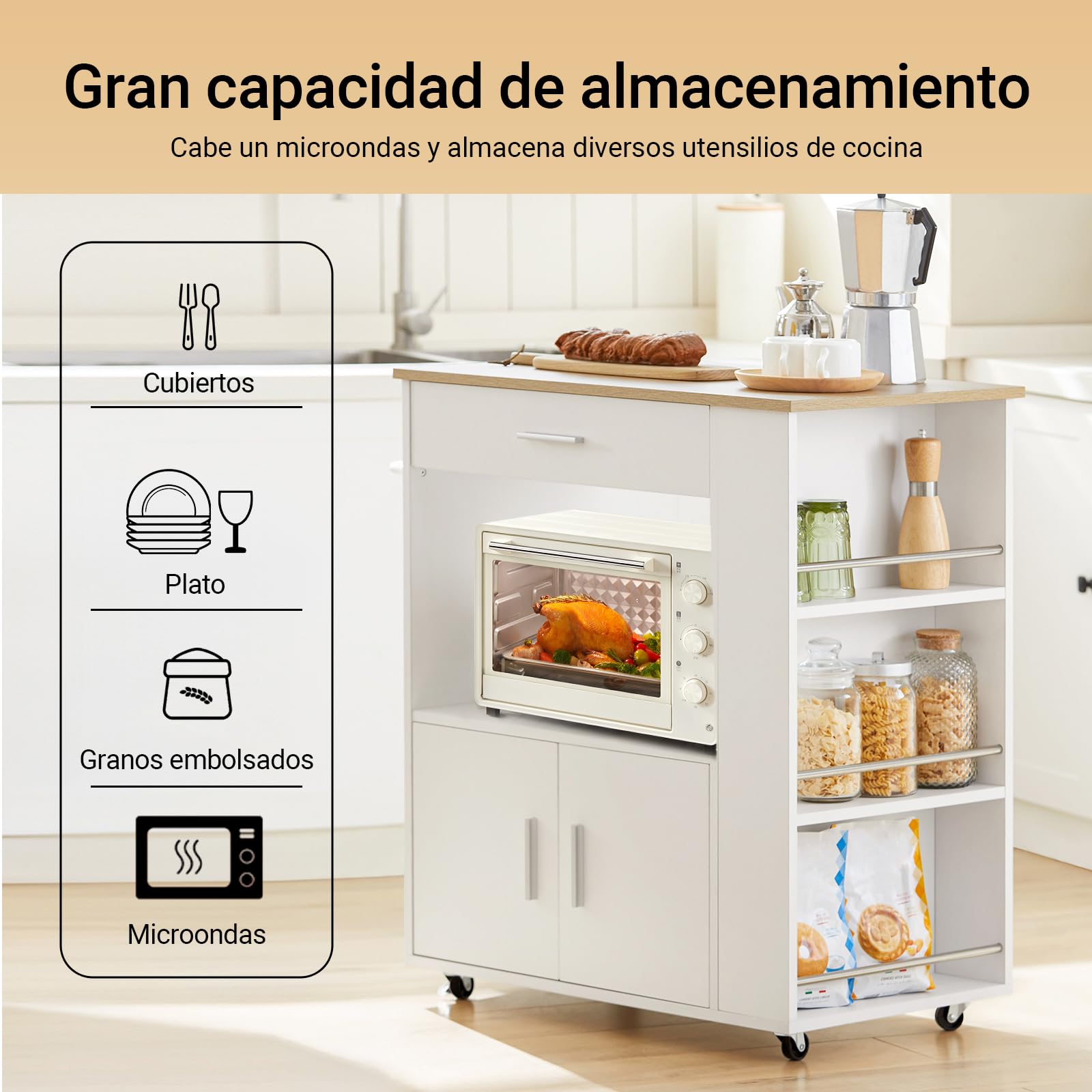 SoBuy Carrito Auxiliar con Ruedas Mueble Auxiliar de Cocina Carro Cocina con Estantes Laterales Cajón Puertas y Toallero Mesa Auxiliar Cocina Blanco 82x46x88 cm FKW113-WN