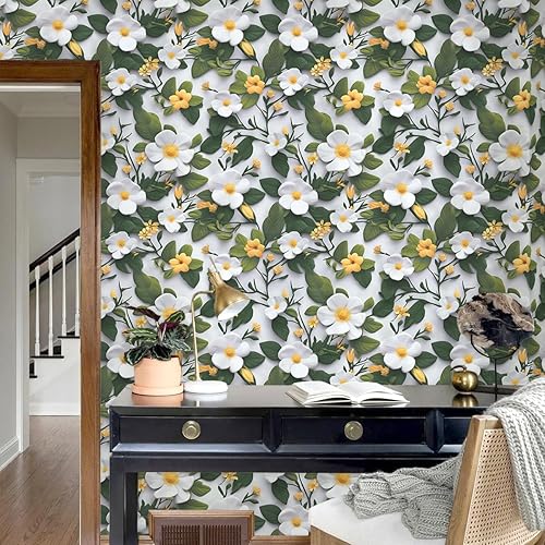 Miniatura 7 de Nukofal Papel tapiz floral para despegar y pegar, 17.7 x 118.1 pulgadas, color amarilloblanco, papel de contacto floral 3D, papel de contacto floral
