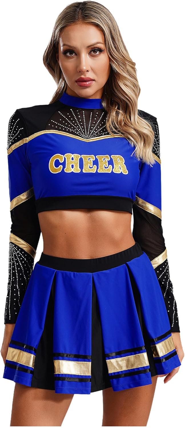 Womens School Girls Cheerleading Team Uniform Sleeveless Crop Tops with Pleated Skirt Set Cute Dress Up