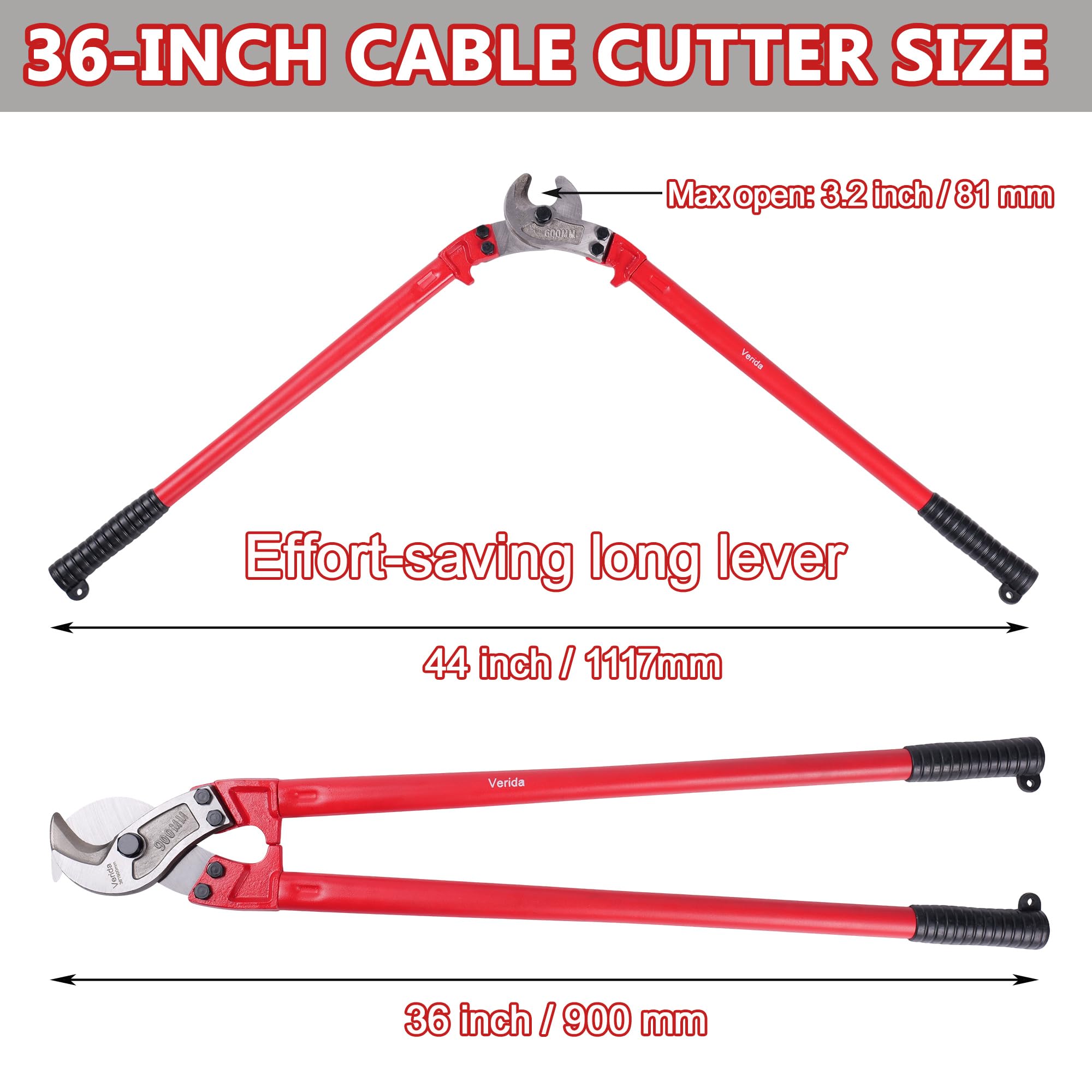 Tagliacavi da 91,4 cm, tagliacavi di grandi dimensioni, in acciaio al cromo vanadio, durezza 62 HRC, adatto per tagliare cavi spessi in rame e alluminio, rosso