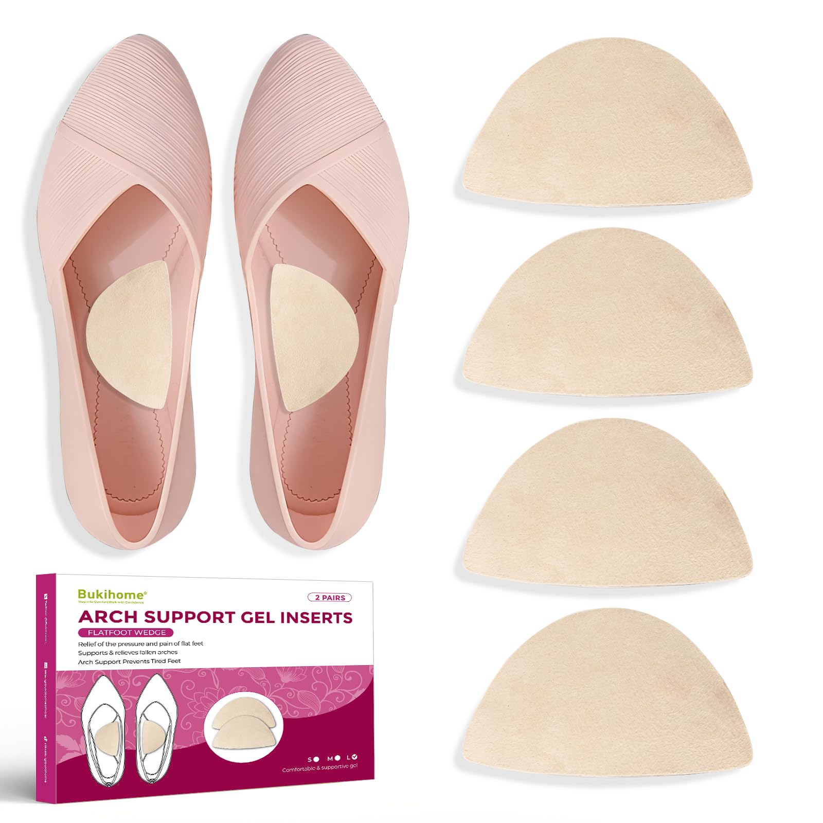 Bukihome Arch Support Inserts for Plantar Fasciitis - Anti Gravity Design - 2 Pairs Adhesive Gel Arch Pads for Women &amp; Men - High Arch Support Insoles for Flat Feet,Relieve Pressure - Beige,Large