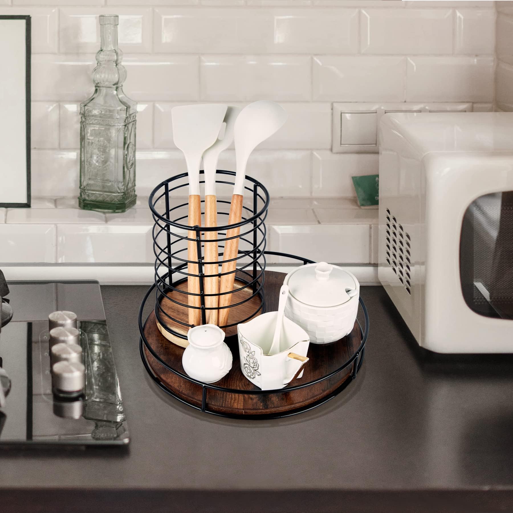 Lazy Susan Drehteller für Tisch, Küche, rustikaler brauner Drehteller, Organizer mit Stahlrahmen, 360 Grad, dekorativ, Lazy Susan für Arbeitsplatte, Schrank oder Tafelaufsätze