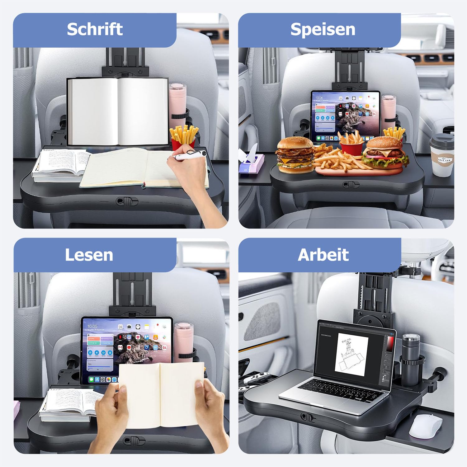 Tavolo da viaggio per sedile posteriore, per auto, bambini, adulti, scrivania con portabicchieri e supporto per cellulare, tavolo pieghevole regolabile in altezza con tappetino antiscivolo