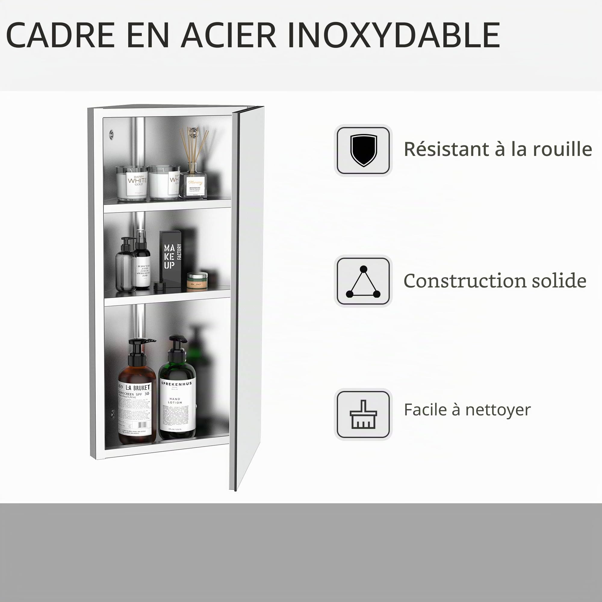 HOMCOM Armoire Miroir Salle de Bain Armoire de Toilette Murale Meuble d'angle 2 étagères dim. 30L x 18,4l x 60H cm Acier INOX.