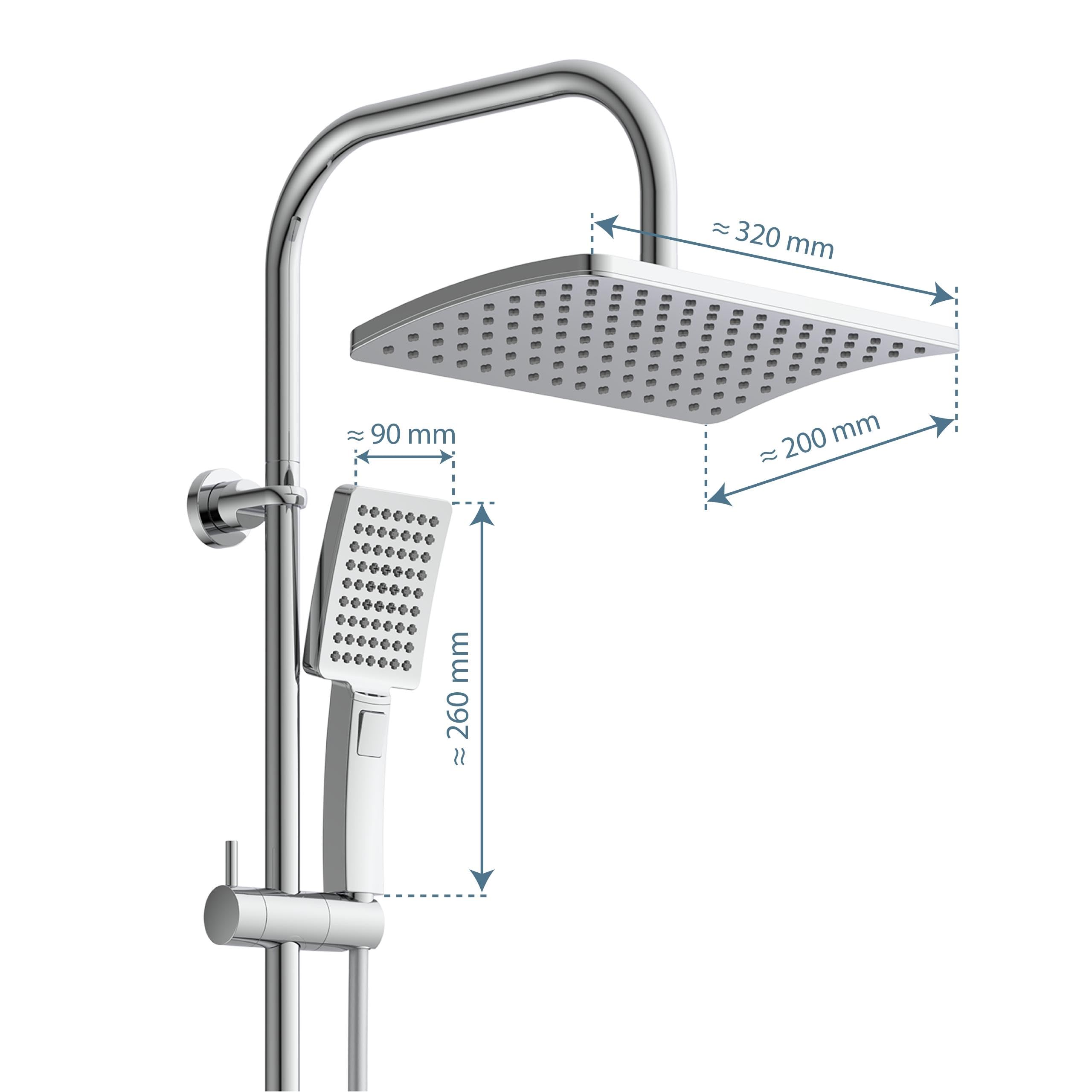 SCHÜTTE Set doccia Maiorca | Colonna doccia con grande doccia a pioggia | Doccia a mano con 3 tipi di getto | Sistema doccia con asta doccia regolabile in altezza | Cromo