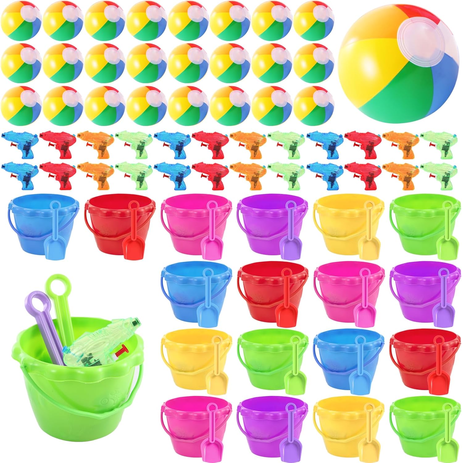 24 Set End of Year Students Gift from Teacher Bulk Sand Bucket and Shovels Beach Balls Water Squirts Summer Pool Party Favors Preschool Kindergarten Graduation Gifts for Kids(Scalloped Beach Bucket)