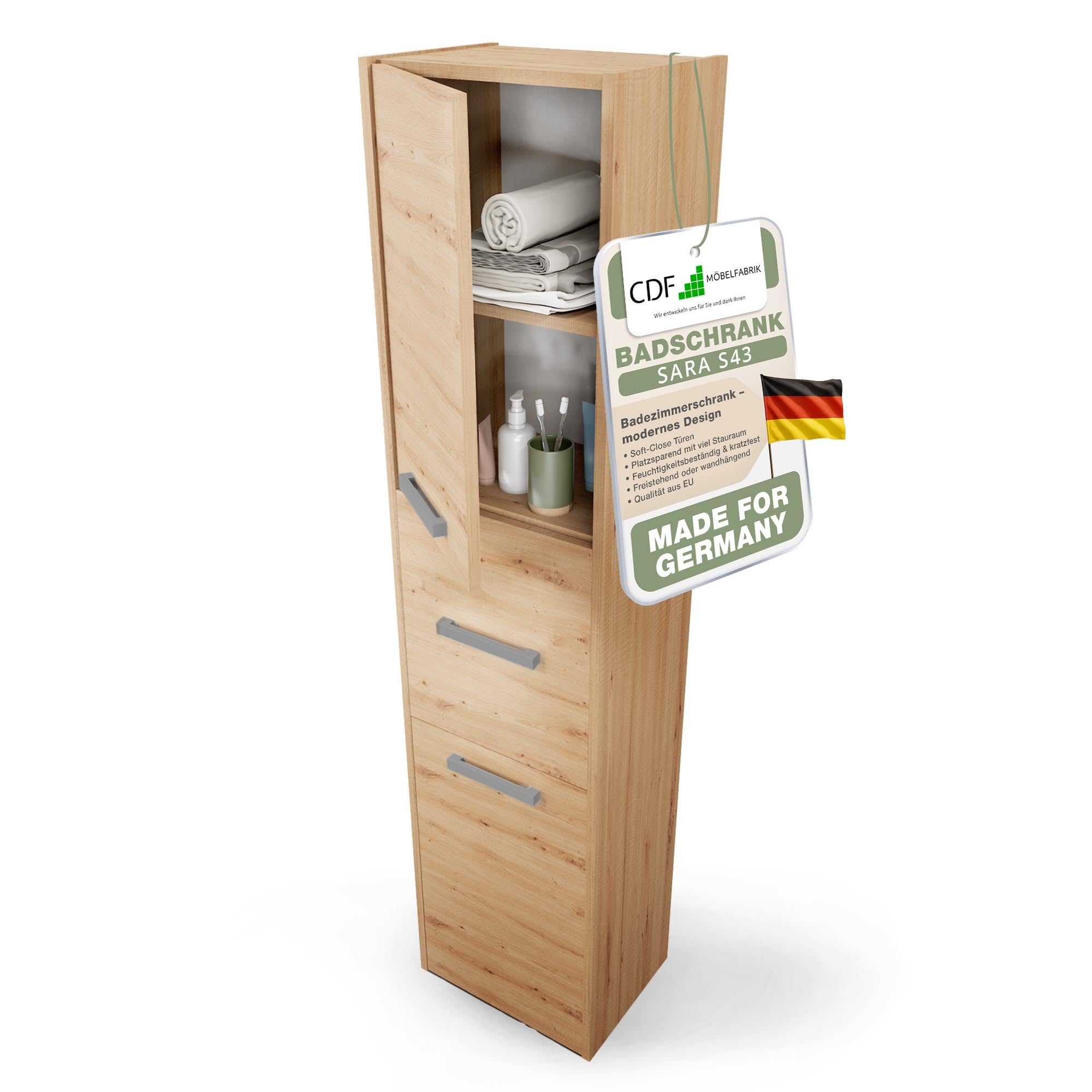 CDF Hochschrank SCHMAL HOCH-Schrank Badschrank 40cm Breit Badezimmerschrank | Nischenschrank Badmöbel für Kosmetik Handtücher Badezimmer Bad WC Toilette Flur Stehend Eiche Artisan | 30x40x170